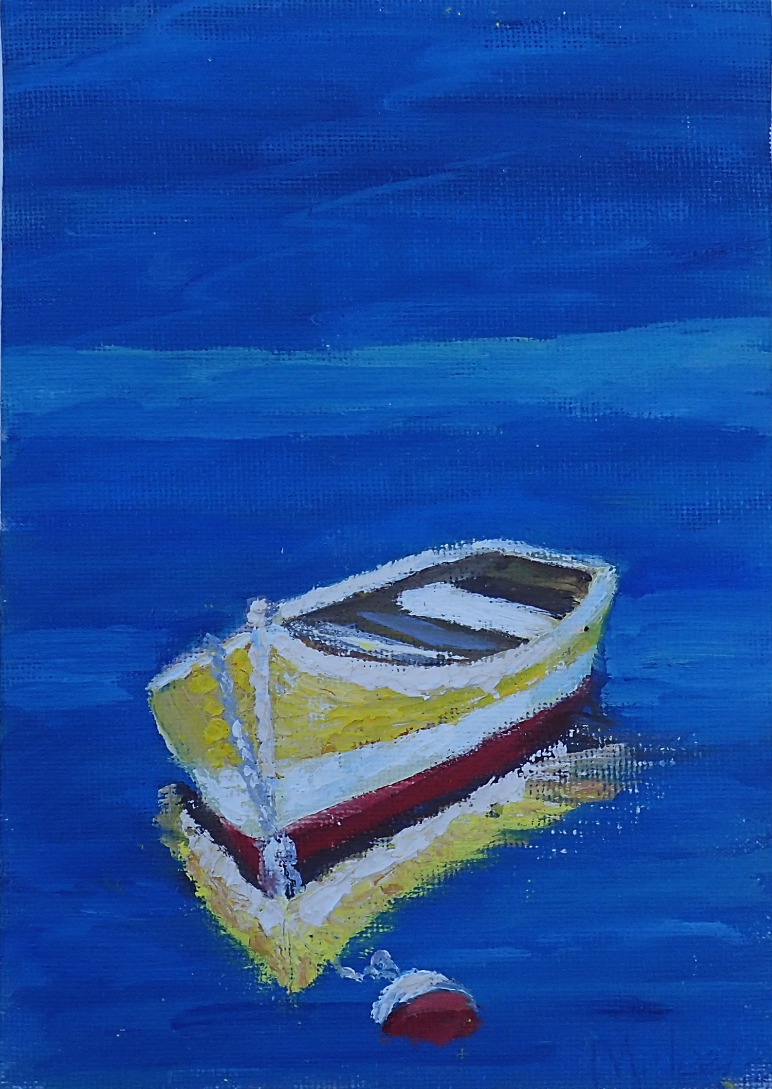 The sailor can feel reassurance when the shore dinghy rests at a mooring buoy when the crew is racing. This is a palette knife painting on canvas with wood backing. 